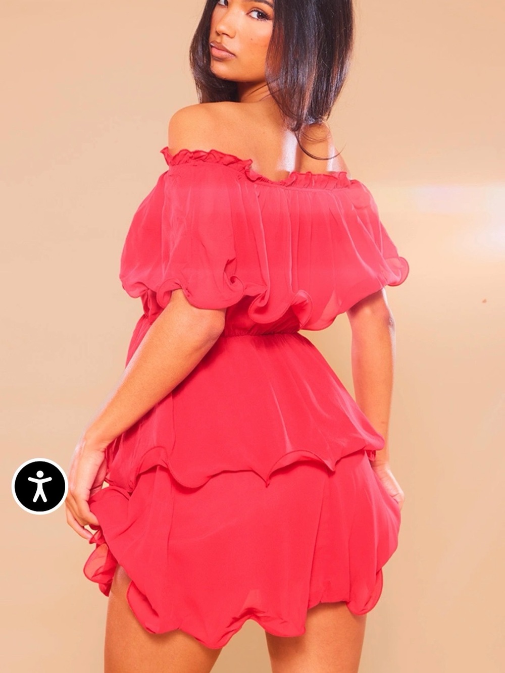 Off-Shoulder Red Ruffled Mini Dress - Picture 2 of 3